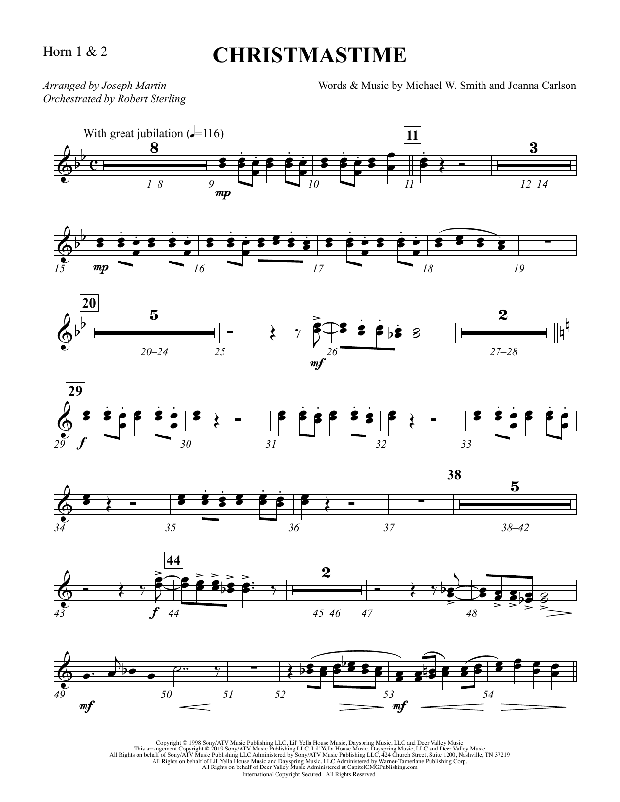 Michael W. Smith & Joanna Carlson Christmastime (arr. Joseph M. Martin) - F Horn 1 & 2 Sheet Music Notes & Chords for Choir Instrumental Pak - Download or Print PDF