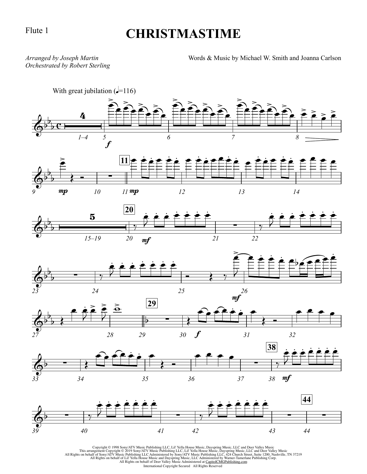Michael W. Smith & Joanna Carlson Christmastime (arr. Joseph M. Martin) - Flute 1 Sheet Music Notes & Chords for Choir Instrumental Pak - Download or Print PDF