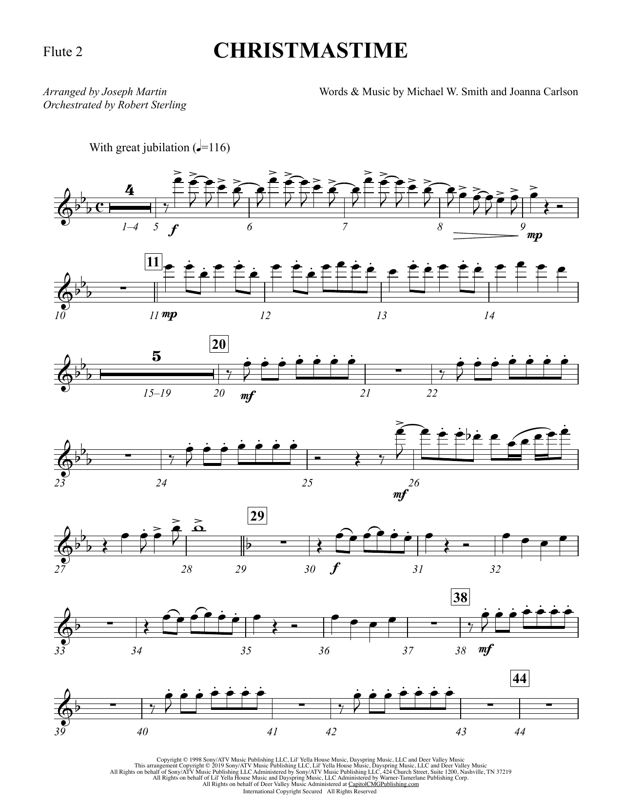 Michael W. Smith & Joanna Carlson Christmastime (arr. Joseph M. Martin) - Flute 2 Sheet Music Notes & Chords for Choir Instrumental Pak - Download or Print PDF