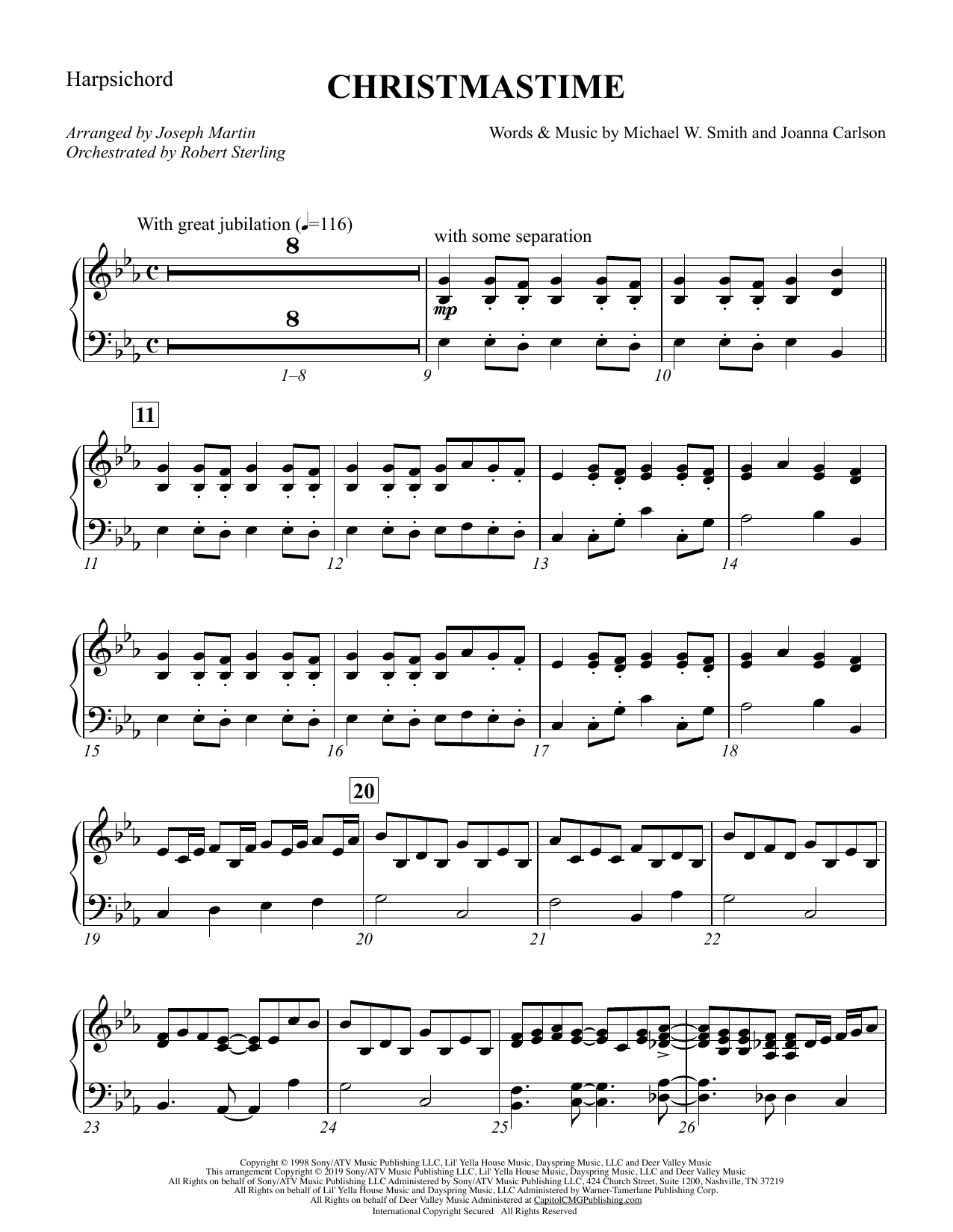 Michael W. Smith & Joanna Carlson Christmastime (arr. Joseph M. Martin) - Harpsichord Sheet Music Notes & Chords for Choir Instrumental Pak - Download or Print PDF