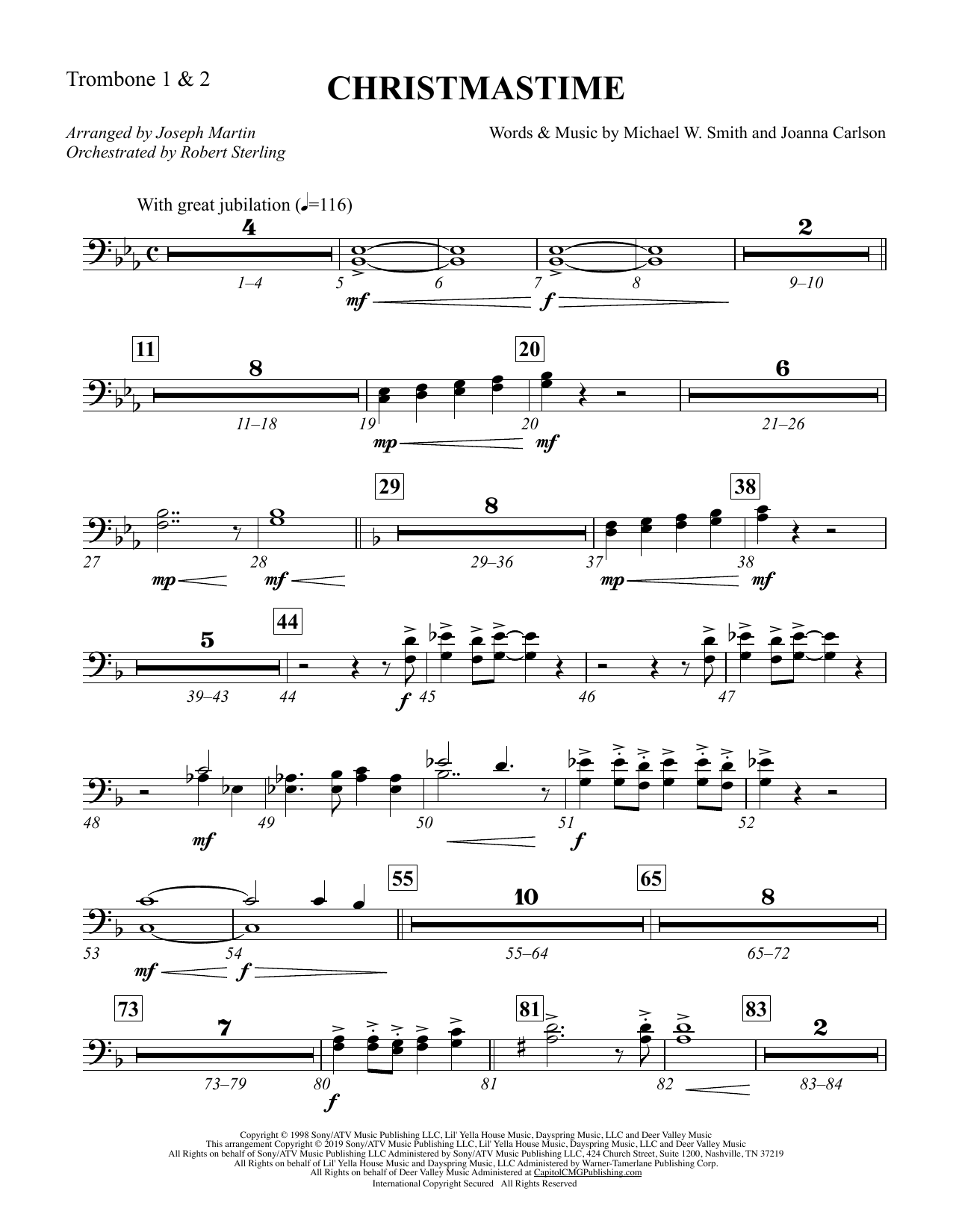 Michael W. Smith & Joanna Carlson Christmastime (arr. Joseph M. Martin) - Trombone 1 & 2 Sheet Music Notes & Chords for Choir Instrumental Pak - Download or Print PDF