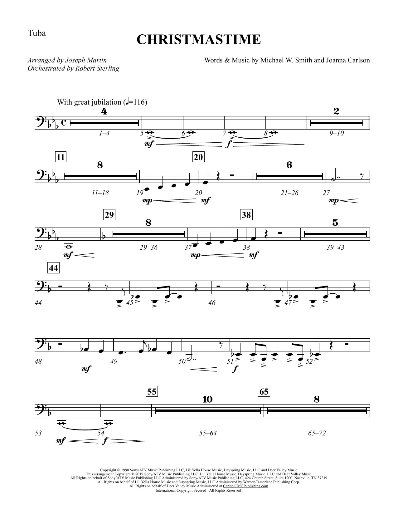 Michael W. Smith & Joanna Carlson Christmastime (arr. Joseph M. Martin) - Tuba Sheet Music Notes & Chords for Choir Instrumental Pak - Download or Print PDF