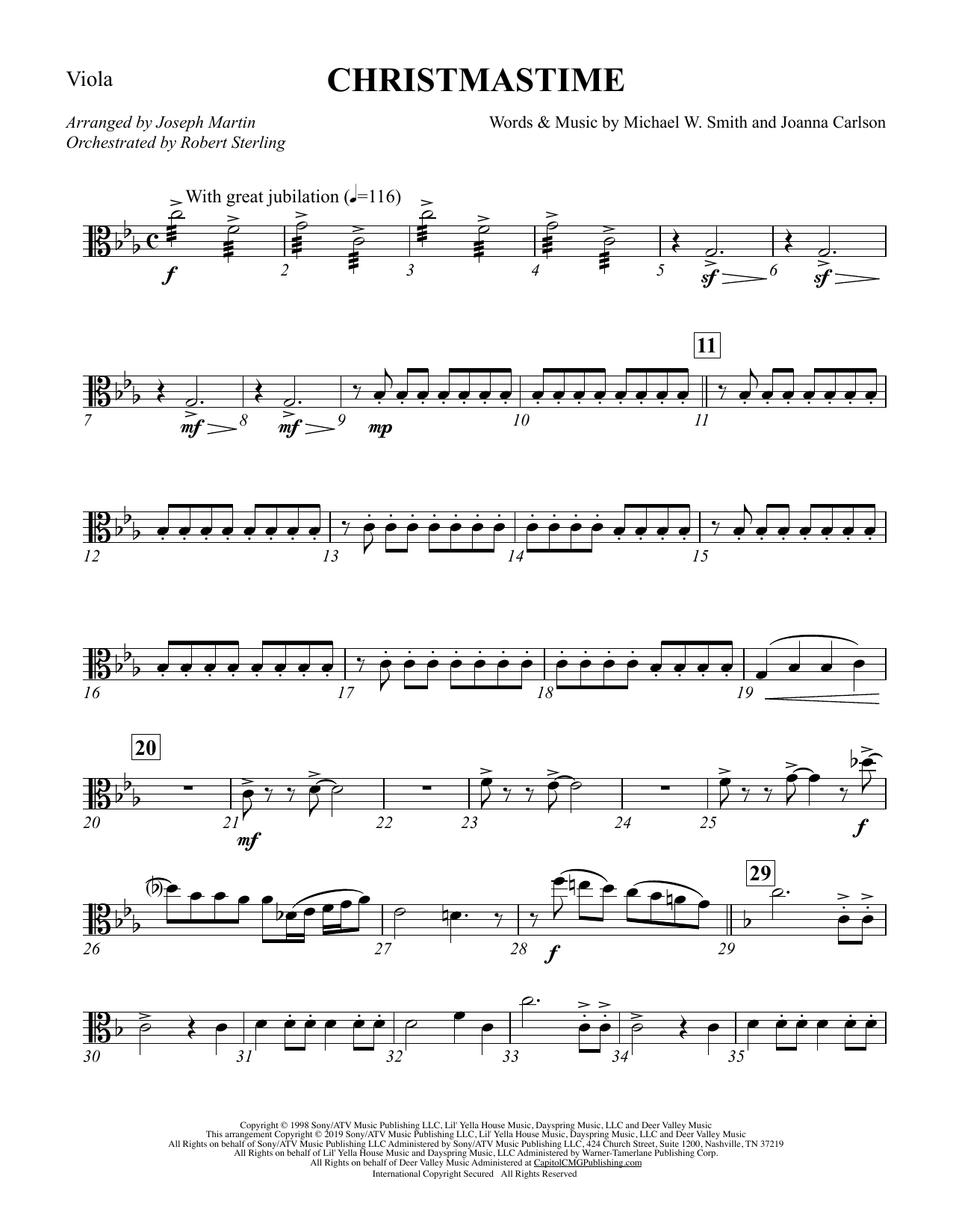 Michael W. Smith & Joanna Carlson Christmastime (arr. Joseph M. Martin) - Viola Sheet Music Notes & Chords for Choir Instrumental Pak - Download or Print PDF