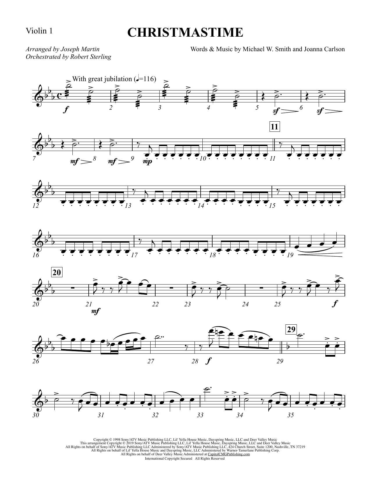 Michael W. Smith & Joanna Carlson Christmastime (arr. Joseph M. Martin) - Violin 1 Sheet Music Notes & Chords for Choir Instrumental Pak - Download or Print PDF