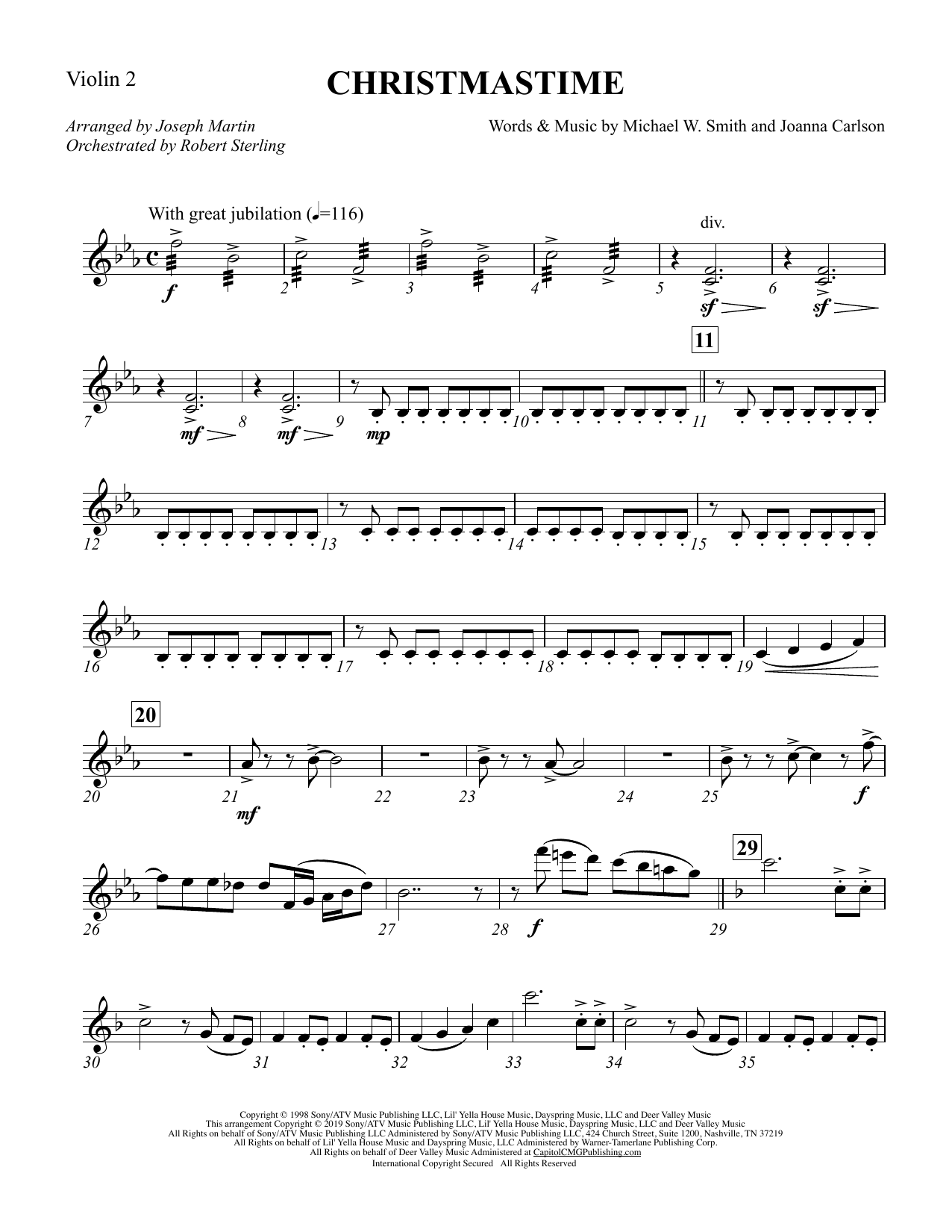 Michael W. Smith & Joanna Carlson Christmastime (arr. Joseph M. Martin) - Violin 2 Sheet Music Notes & Chords for Choir Instrumental Pak - Download or Print PDF