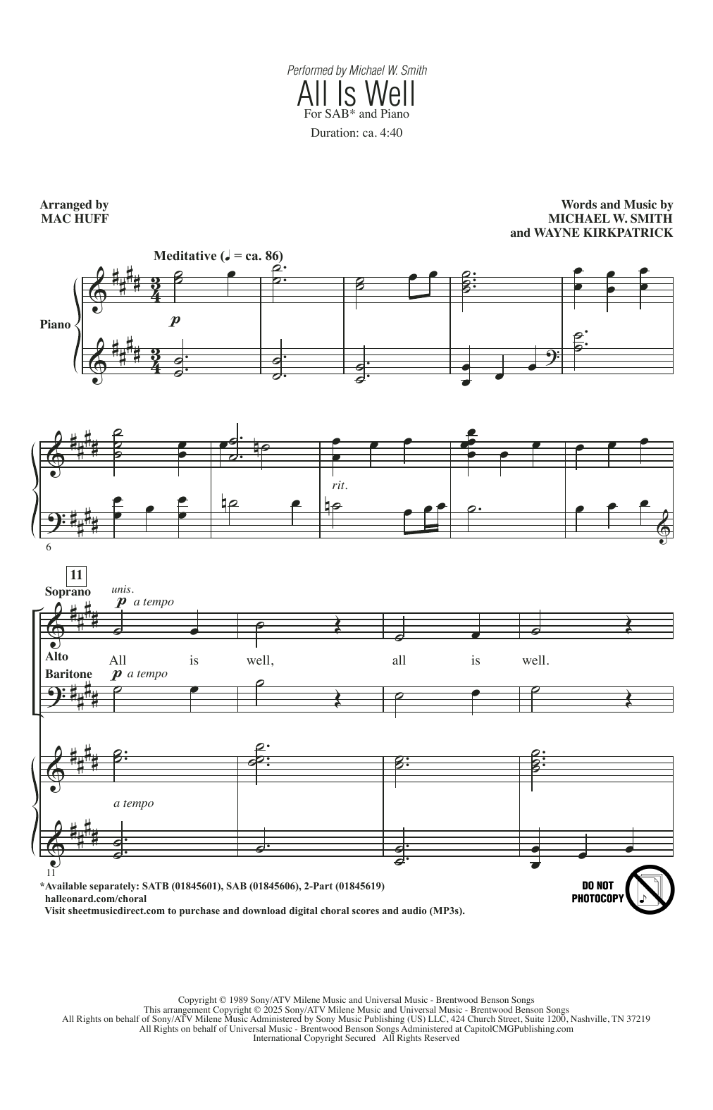 Michael W. Smith All Is Well (arr. Mac Huff) Sheet Music Notes & Chords for 2-Part Choir - Download or Print PDF