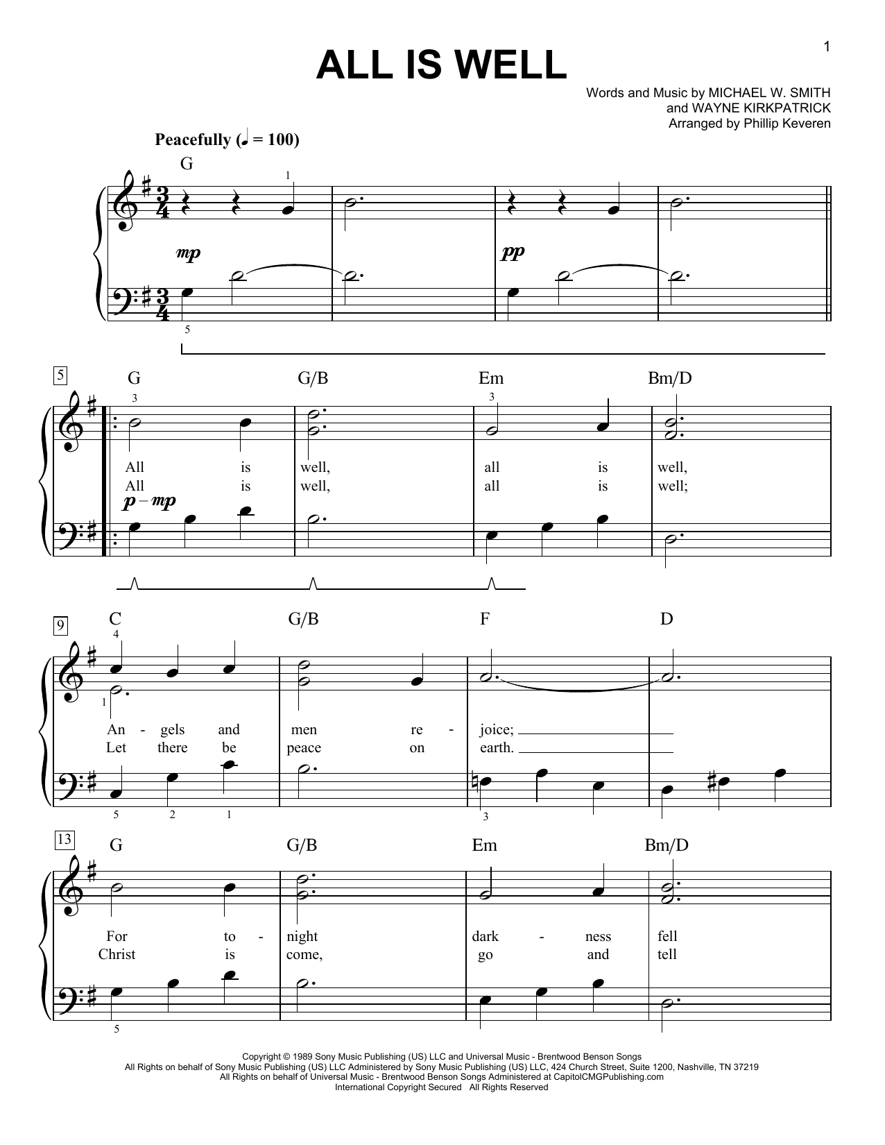 Michael W. Smith All Is Well (arr. Phillip Keveren) Sheet Music Notes & Chords for Easy Piano - Download or Print PDF