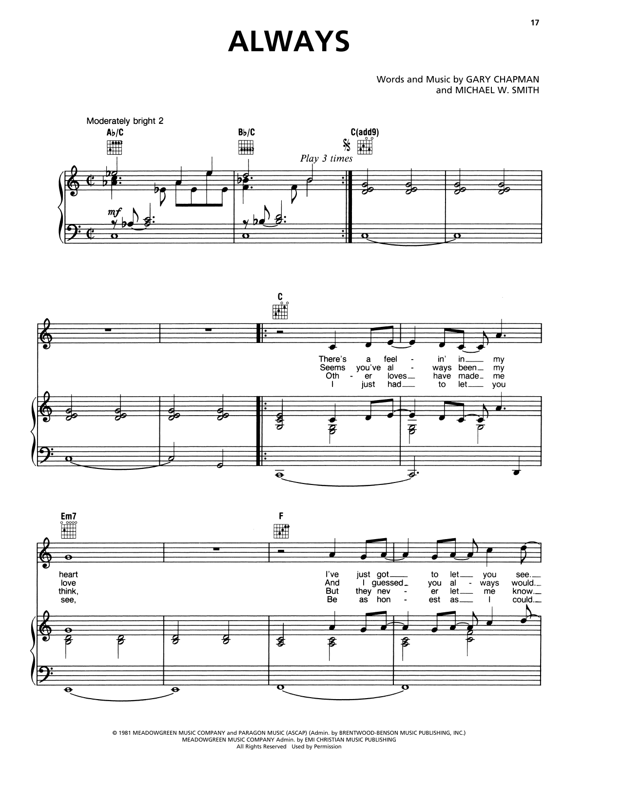 Michael W. Smith Always Sheet Music Notes & Chords for Piano, Vocal & Guitar Chords (Right-Hand Melody) - Download or Print PDF