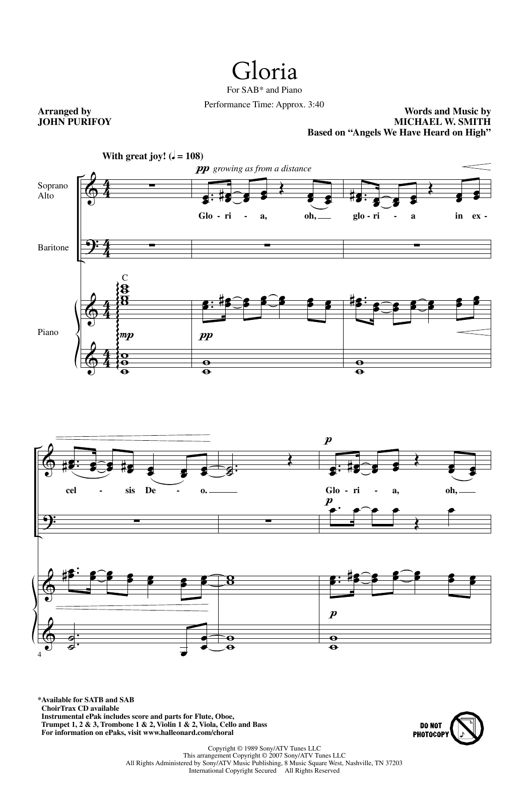 Michael W. Smith Gloria (arr. John Purifoy) Sheet Music Notes & Chords for SAB Choir - Download or Print PDF