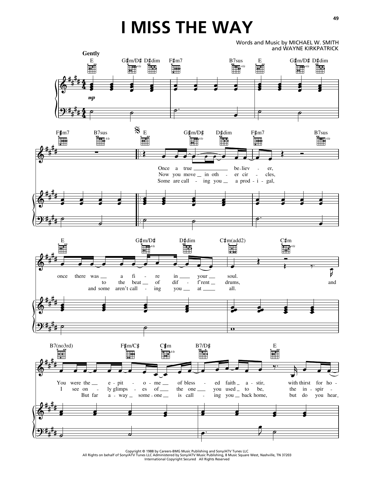 Michael W. Smith I Miss The Way Sheet Music Notes & Chords for Piano, Vocal & Guitar Chords (Right-Hand Melody) - Download or Print PDF