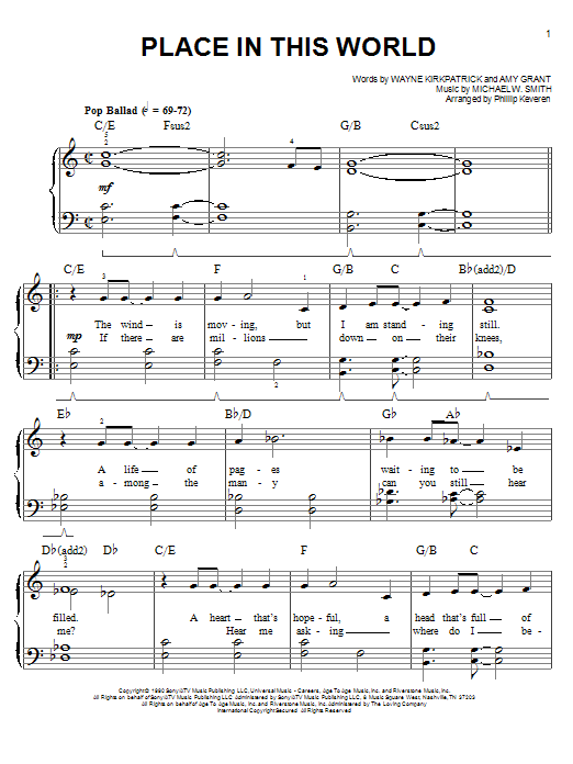Michael W. Smith Place In This World (arr. Phillip Keveren) Sheet Music Notes & Chords for Easy Piano - Download or Print PDF