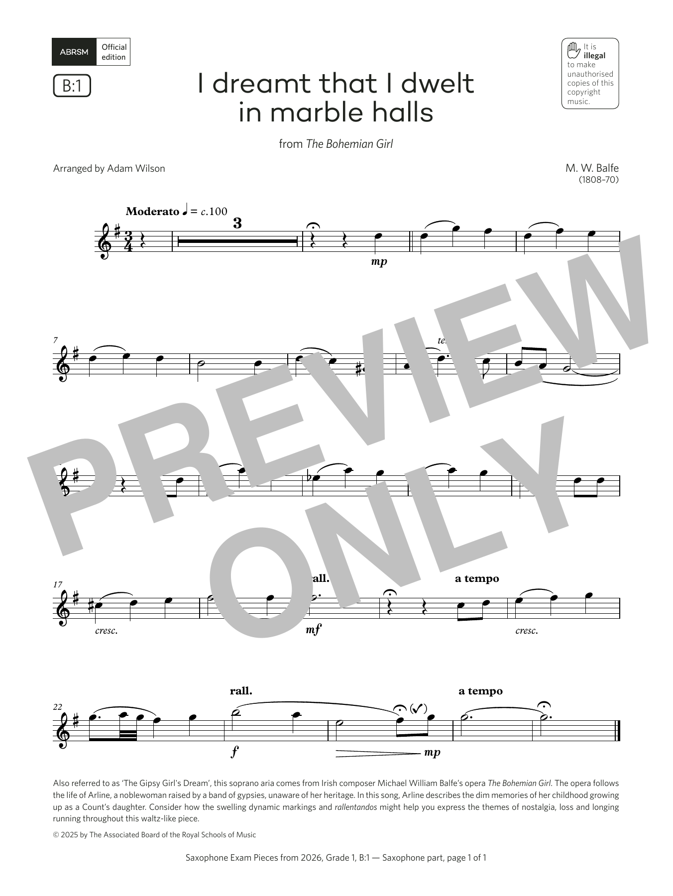 Michael William Balfe I dreamt that I dwelt (Grade 1, list B1, from the ABRSM Saxophone Syllabus from 2026) Sheet Music Notes & Chords for Alto Sax Solo - Download or Print PDF Michael William Balfe I dreamt that I dwelt (Grade 1, list B1, from the ABRSM Saxophone Syllabus from 2026) Sheet Music Notes & Chords for Alto Sax Solo - Download or Print PDF