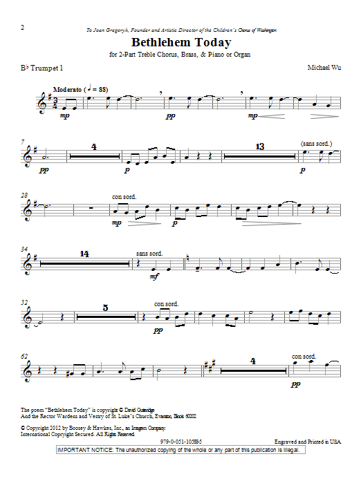 Michael Wu Bethlehem Today - Bb Trumpet 1 Sheet Music Notes & Chords for Choir Instrumental Pak - Download or Print PDF