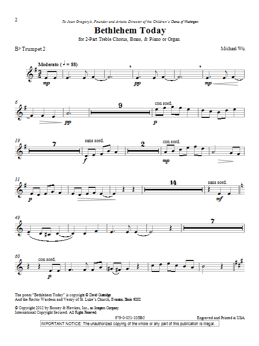 Michael Wu Bethlehem Today - Bb Trumpet 2 Sheet Music Notes & Chords for Choir Instrumental Pak - Download or Print PDF