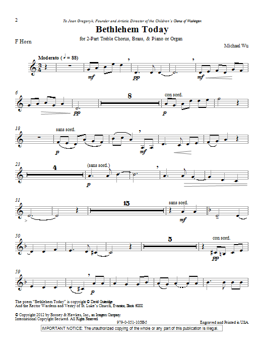 Michael Wu Bethlehem Today - F Horn Sheet Music Notes & Chords for Choir Instrumental Pak - Download or Print PDF