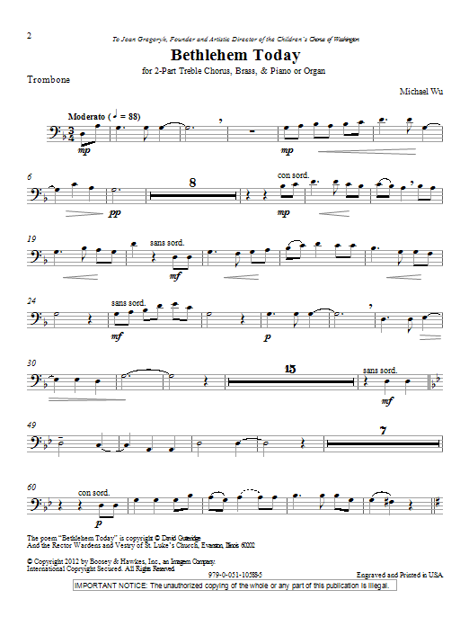 Michael Wu Bethlehem Today - Trombone Sheet Music Notes & Chords for Choir Instrumental Pak - Download or Print PDF