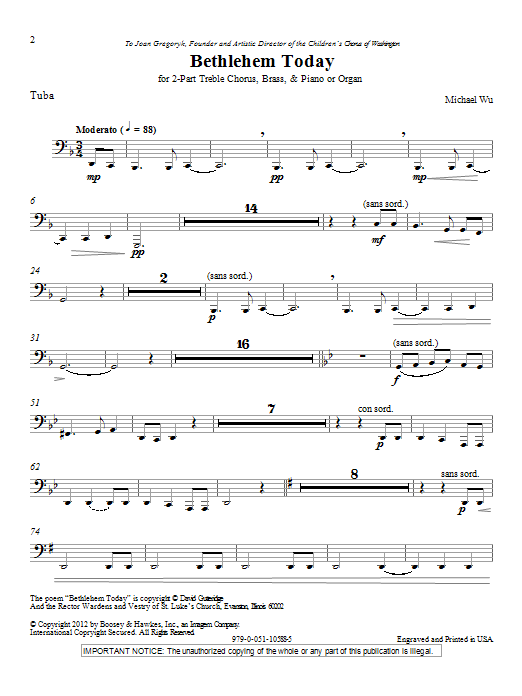 Michael Wu Bethlehem Today - Tuba Sheet Music Notes & Chords for Choir Instrumental Pak - Download or Print PDF