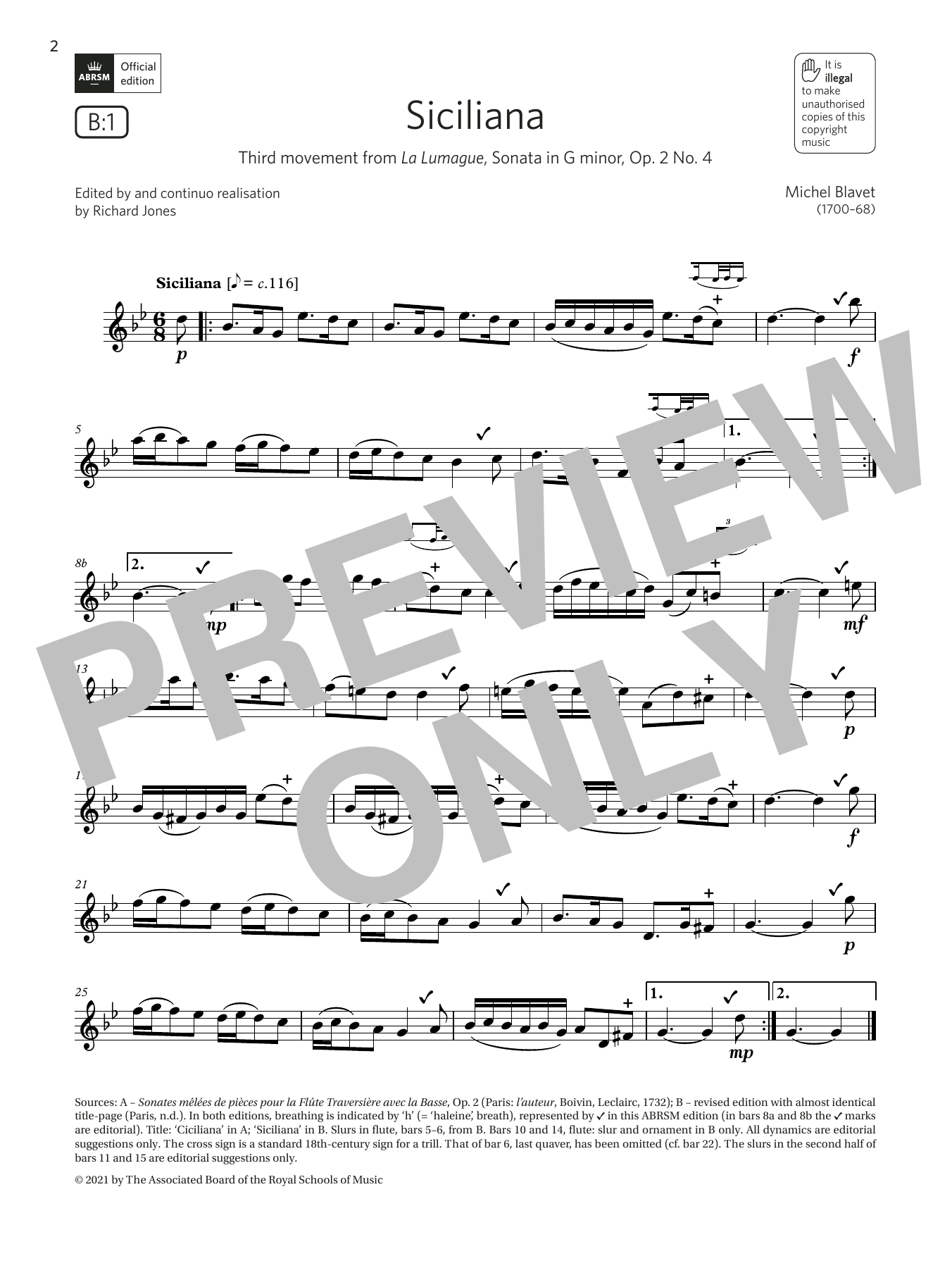 Michel Blavet Siciliana (from Sonata in G minor, Op2 No4) (Grade 4 B1 from the ABRSM Flute syllabus from 2022) Sheet Music Notes & Chords for Flute Solo - Download or Print PDF