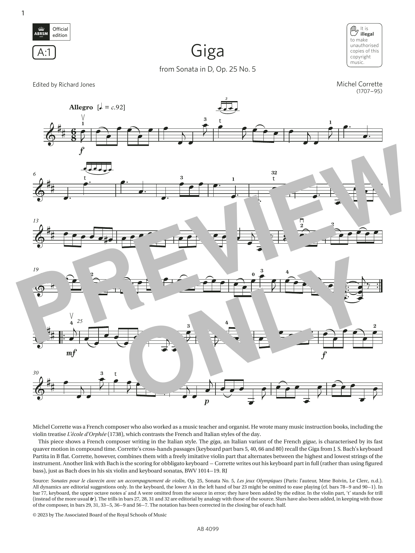 Michel Corrette Giga (Grade 5, A1, from the ABRSM Violin Syllabus from 2024) Sheet Music Notes & Chords for Violin Solo - Download or Print PDF