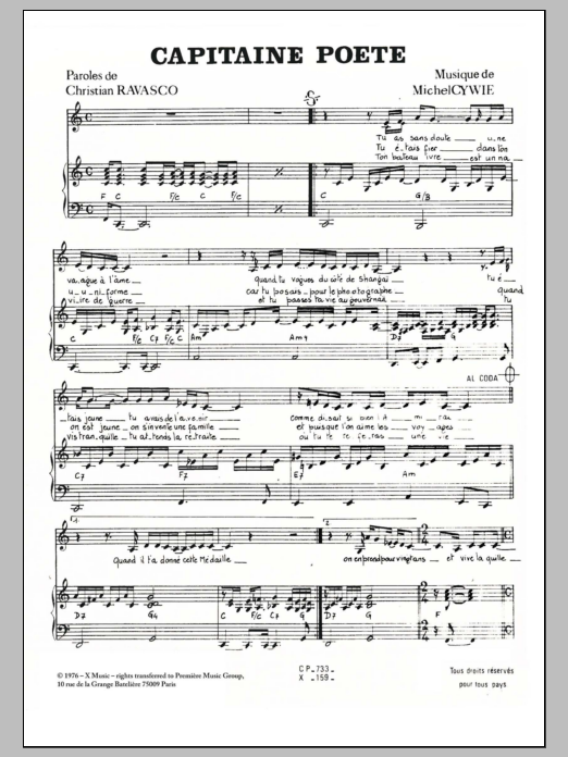 Michel Cywie Captaine Poete Sheet Music Notes & Chords for Piano & Vocal - Download or Print PDF