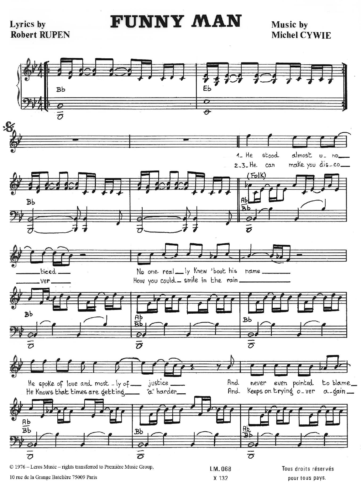 Michel Cywie Funny Man Sheet Music Notes & Chords for Piano, Vocal & Guitar (Right-Hand Melody) - Download or Print PDF