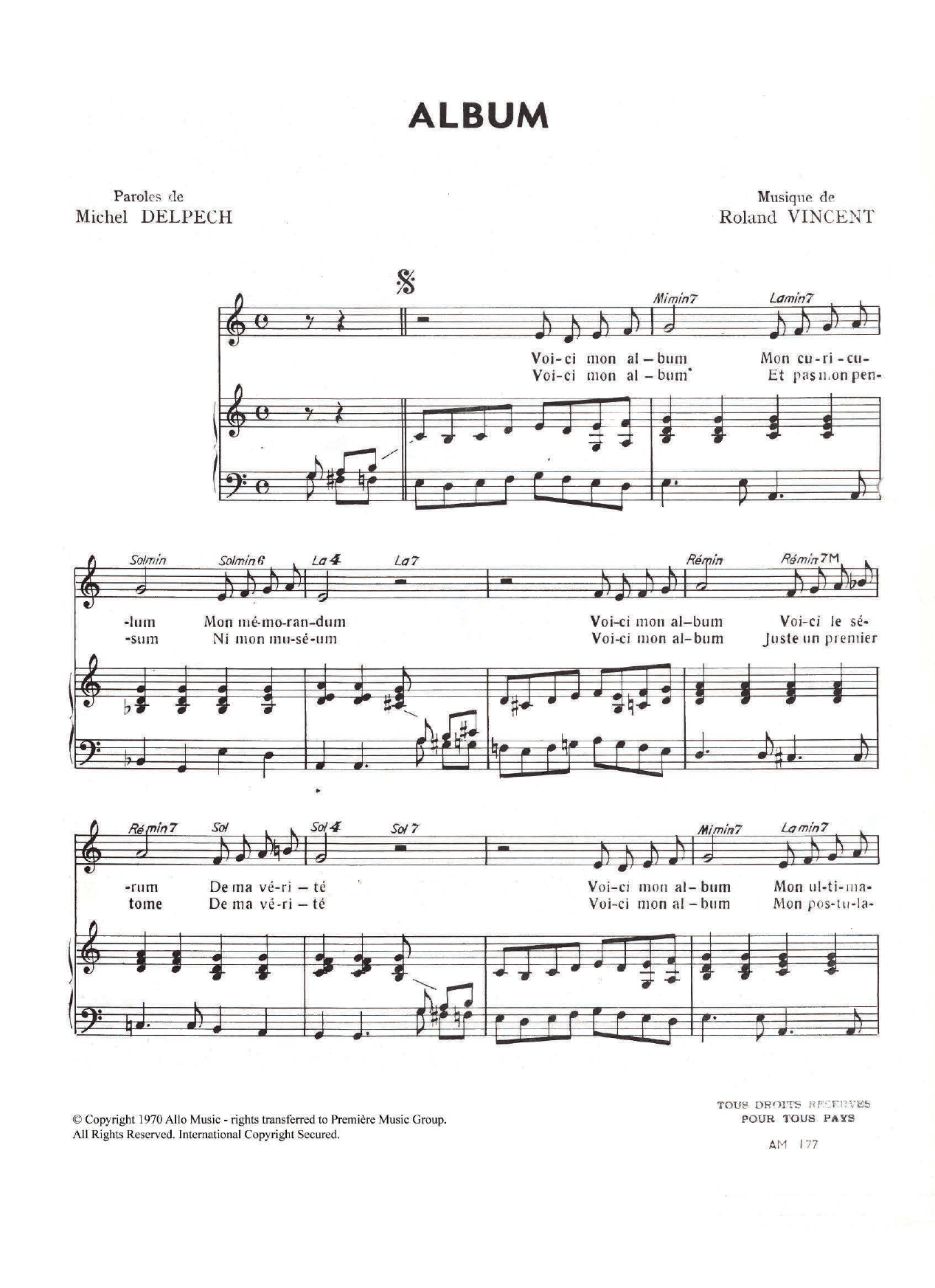 Michel Delpech Album Sheet Music Notes & Chords for Piano & Vocal - Download or Print PDF