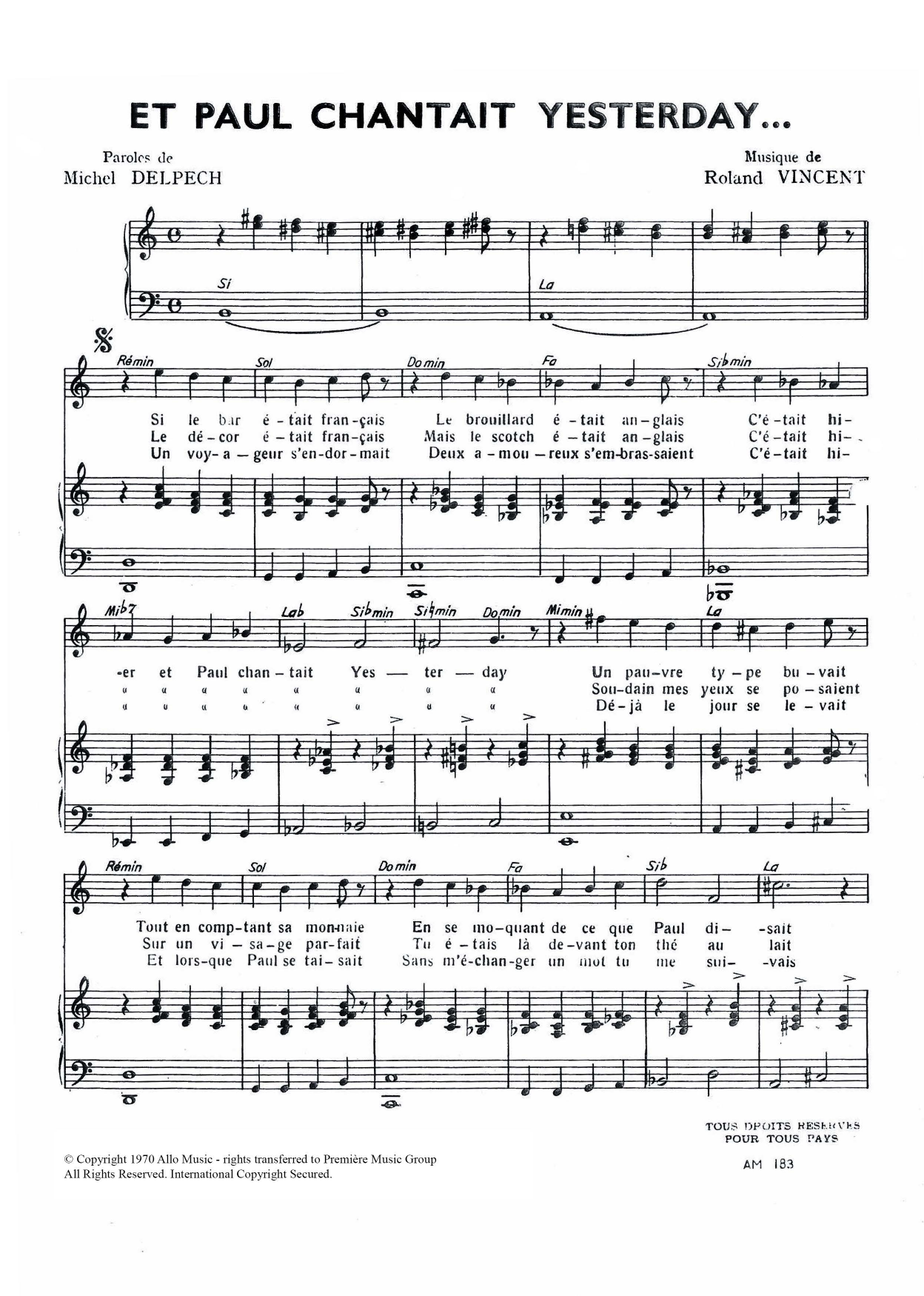 Michel Delpech Et Paul Chantait Yesterday Sheet Music Notes & Chords for Piano & Vocal - Download or Print PDF