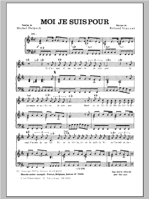 Michel Delpech Moi Je Suis Pour Sheet Music Notes & Chords for Piano & Vocal - Download or Print PDF