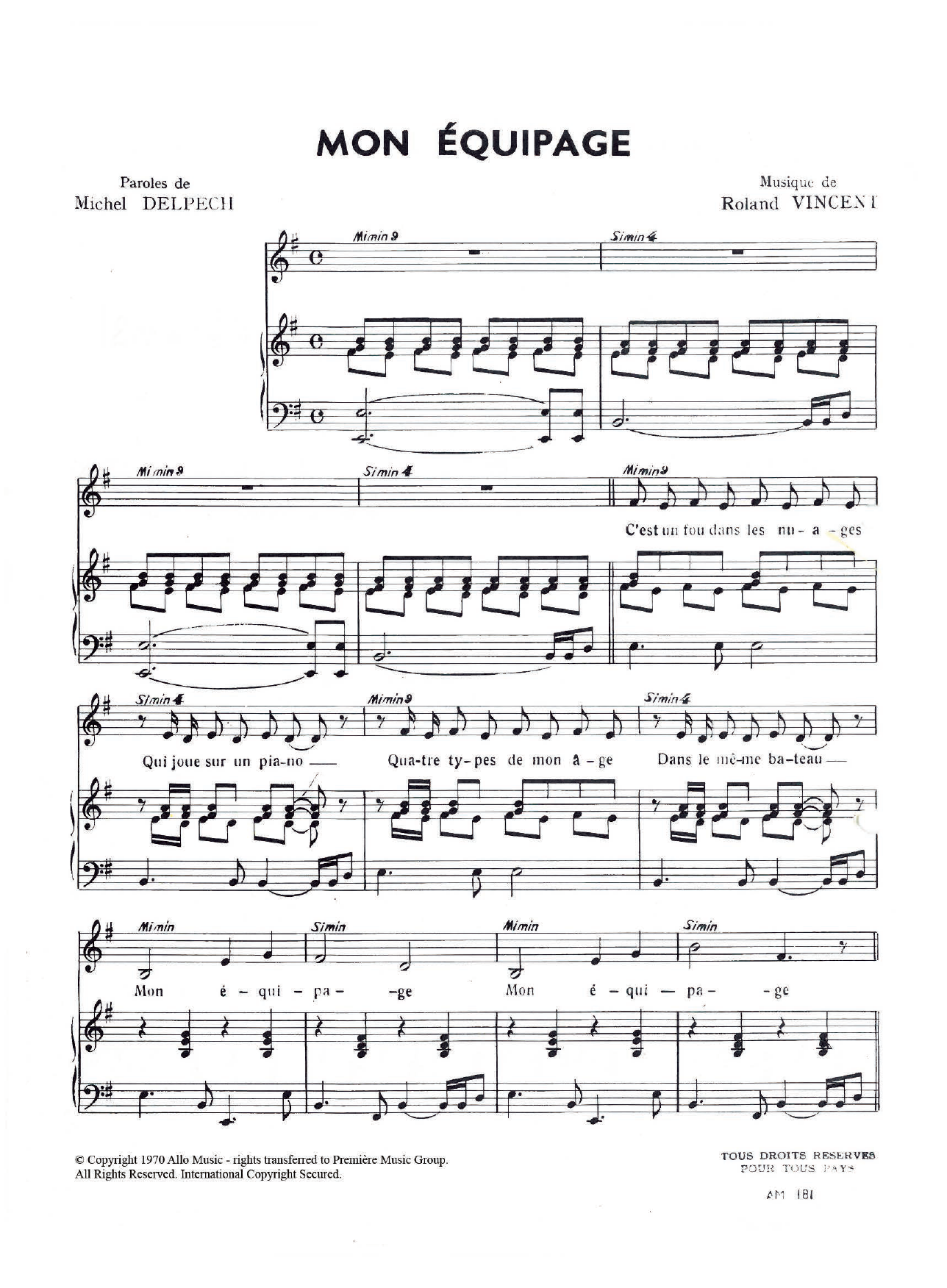 Michel Delpech Mon Equipage Sheet Music Notes & Chords for Piano & Vocal - Download or Print PDF