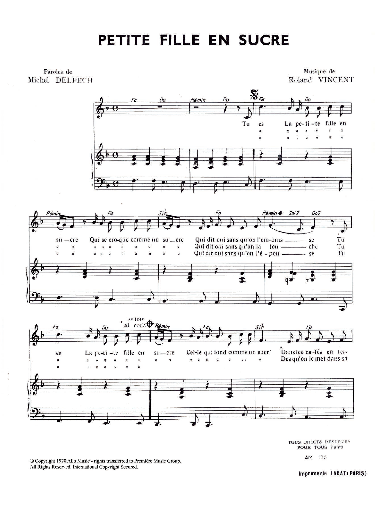Michel Delpech Petite Fille En Sucre Sheet Music Notes & Chords for Piano & Vocal - Download or Print PDF
