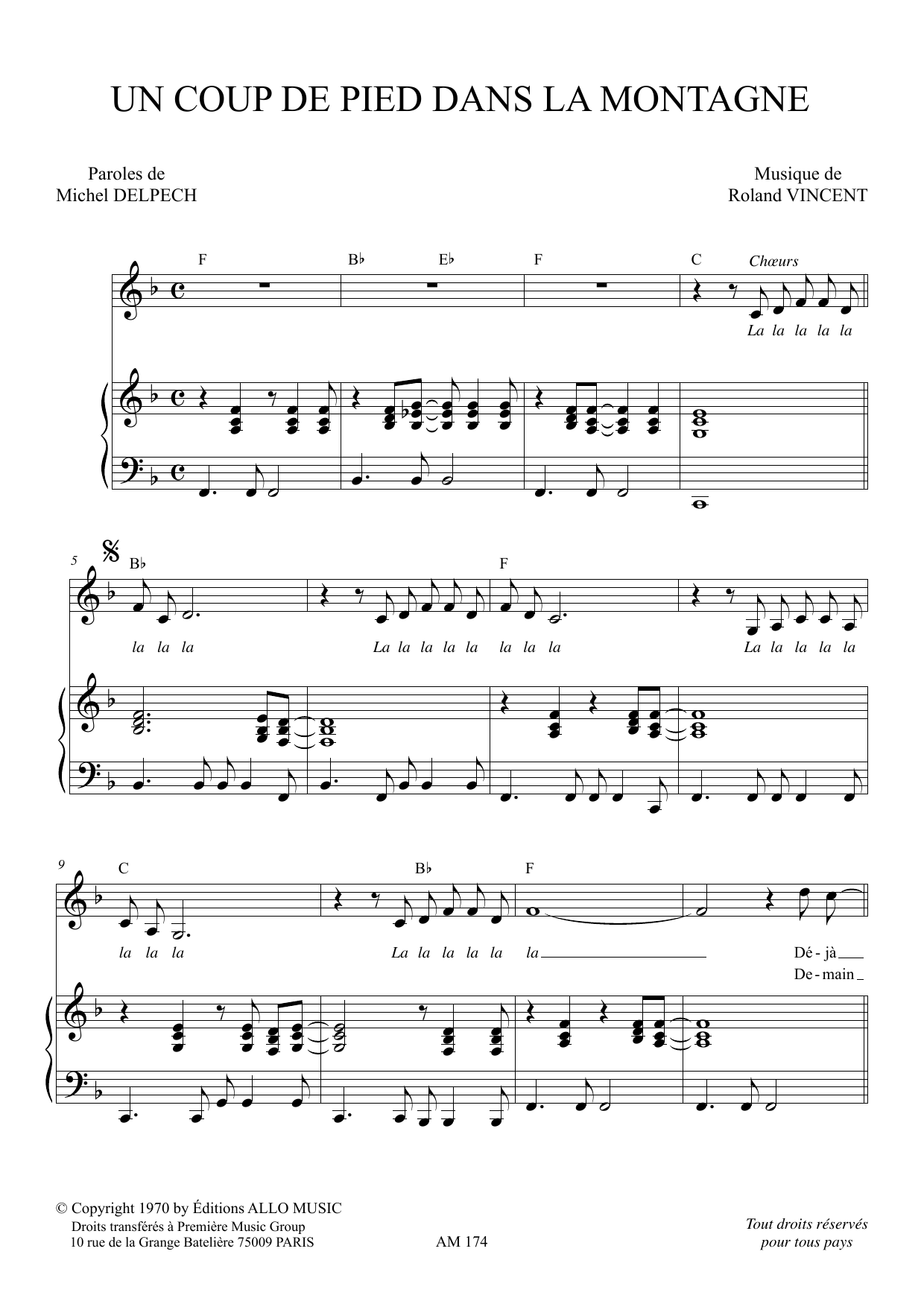 Michel Delpech Un Coup De Pied Dans La Montagne Sheet Music Notes & Chords for Piano & Vocal - Download or Print PDF