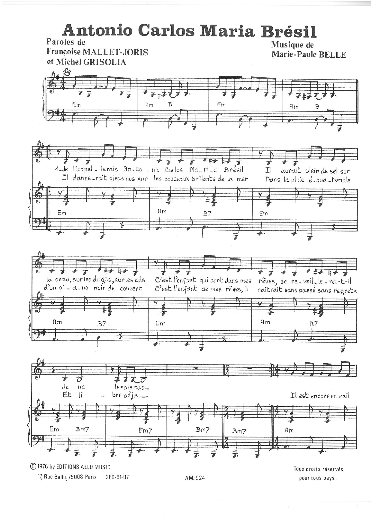 Michel Grisolia, Françoise Mallet-Joris and Marie Paule Belle Antonio Carlos Maria Brazil Sheet Music Notes & Chords for Piano & Vocal - Download or Print PDF