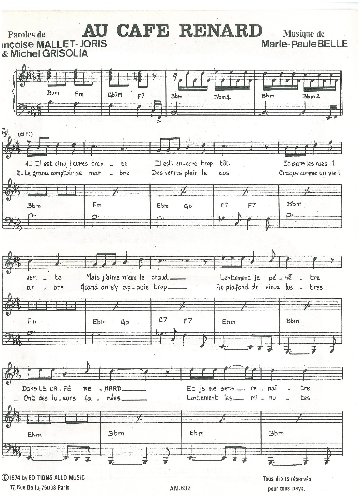 Michel Grisolia, Françoise Mallet-Joris and Marie Paule Belle Au Cafe Renard Sheet Music Notes & Chords for Piano & Vocal - Download or Print PDF