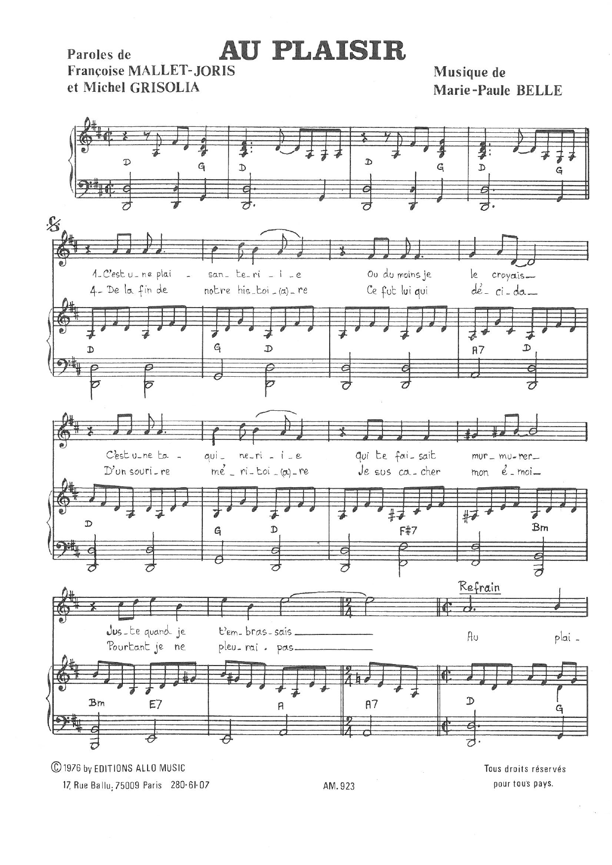 Michel Grisolia, Françoise Mallet-Joris and Marie Paule Belle Au Plaisir Sheet Music Notes & Chords for Piano & Vocal - Download or Print PDF