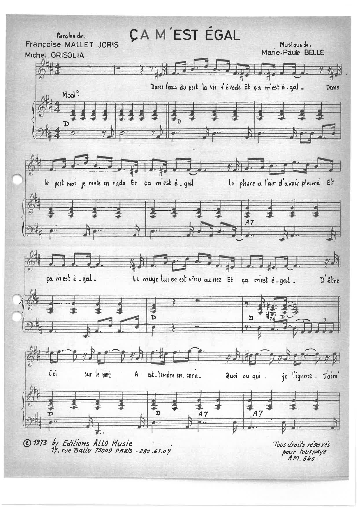 Michel Grisolia, Françoise Mallet-Joris and Marie Paule Belle Ca M'est Egal Sheet Music Notes & Chords for Piano & Vocal - Download or Print PDF