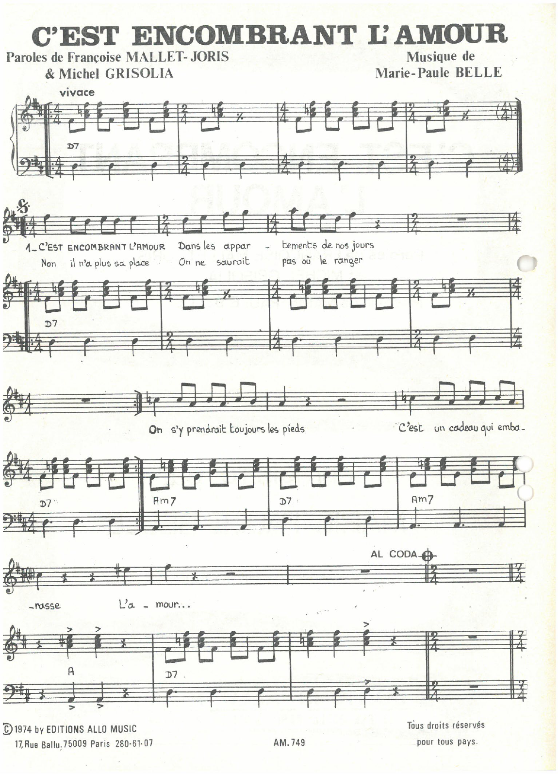 Michel Grisolia, Françoise Mallet-Joris and Marie Paule Belle C'est Encombrant L'amour Sheet Music Notes & Chords for Piano & Vocal - Download or Print PDF