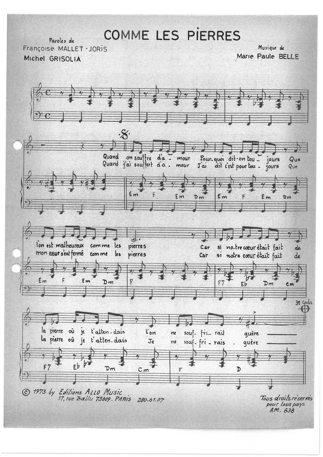 Michel Grisolia, Françoise Mallet-Joris and Marie Paule Belle Comme Les Pierres Sheet Music Notes & Chords for Piano & Vocal - Download or Print PDF Michel Grisolia, Françoise Mallet-Joris and Marie Paule Belle Comme Les Pierres Sheet Music Notes & Chords for Piano & Vocal - Download or Print PDF