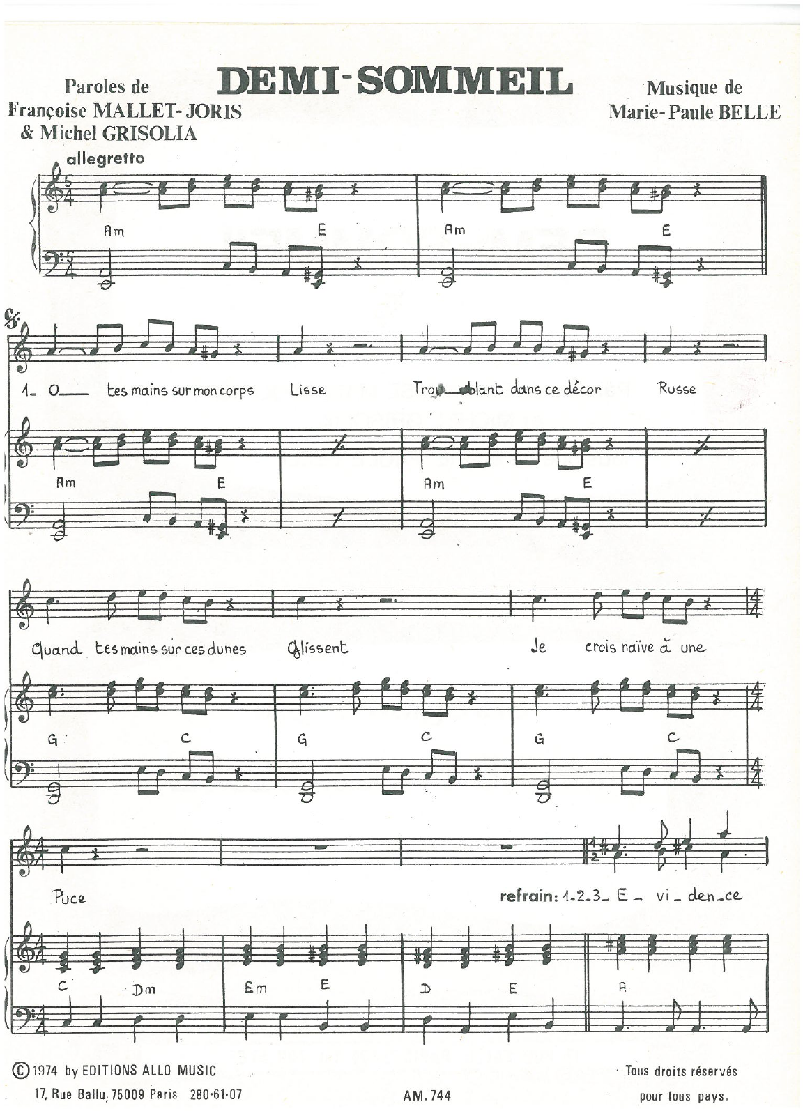 Michel Grisolia, Françoise Mallet-Joris and Marie Paule Belle Demi-Sommeil Sheet Music Notes & Chords for Piano & Vocal - Download or Print PDF