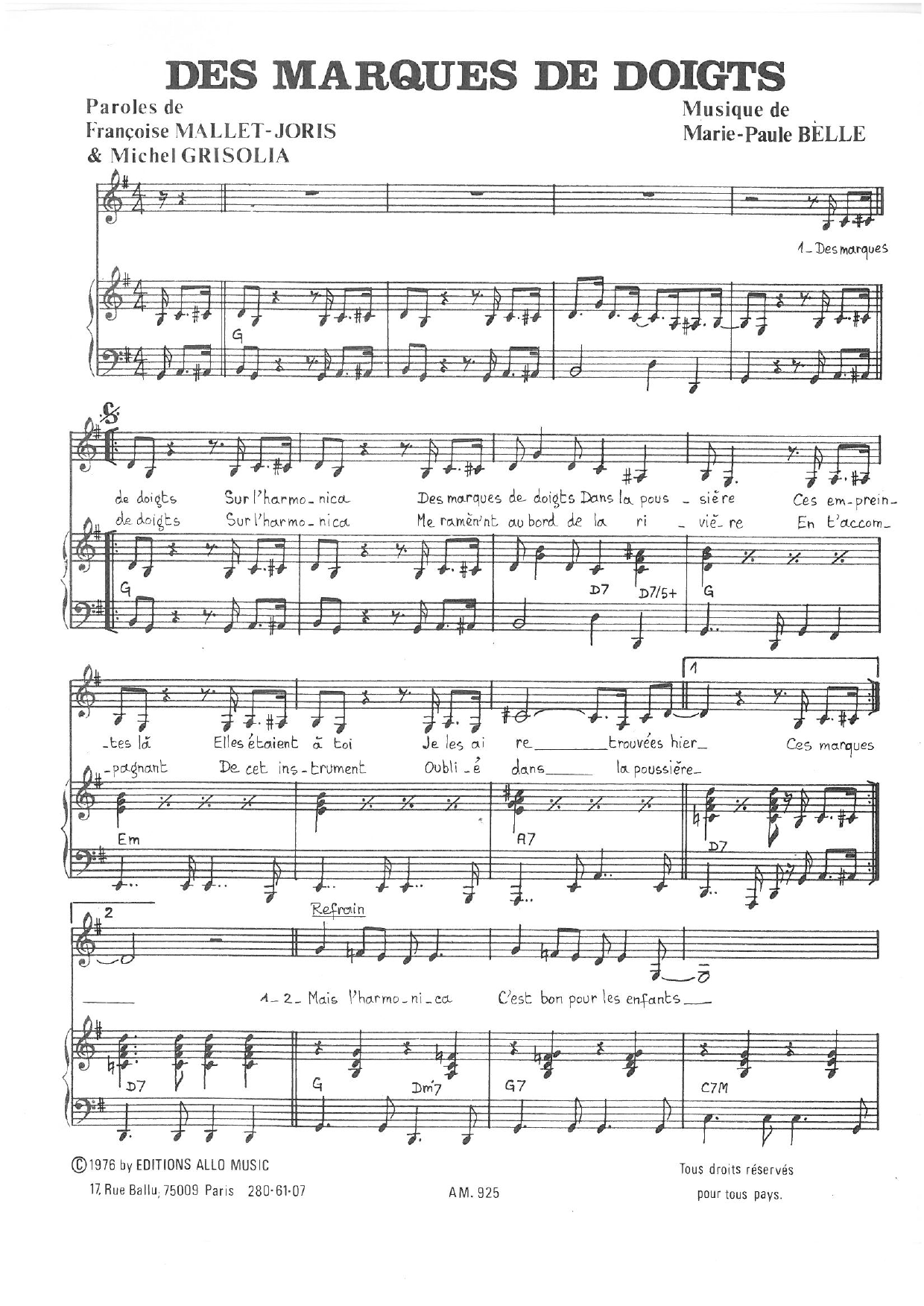 Michel Grisolia, Françoise Mallet-Joris and Marie Paule Belle Des Marques de Doigts Sheet Music Notes & Chords for Piano & Vocal - Download or Print PDF Michel Grisolia, Françoise Mallet-Joris and Marie Paule Belle Des Marques de Doigts Sheet Music Notes & Chords for Piano & Vocal - Download or Print PDF