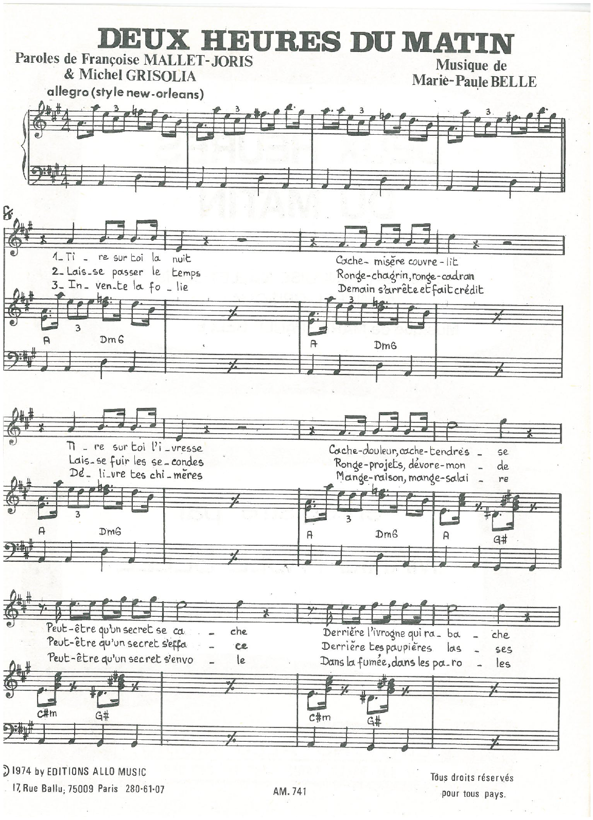 Michel Grisolia, Françoise Mallet-Joris and Marie Paule Belle Deux Heures Du Matin Sheet Music Notes & Chords for Piano & Vocal - Download or Print PDF