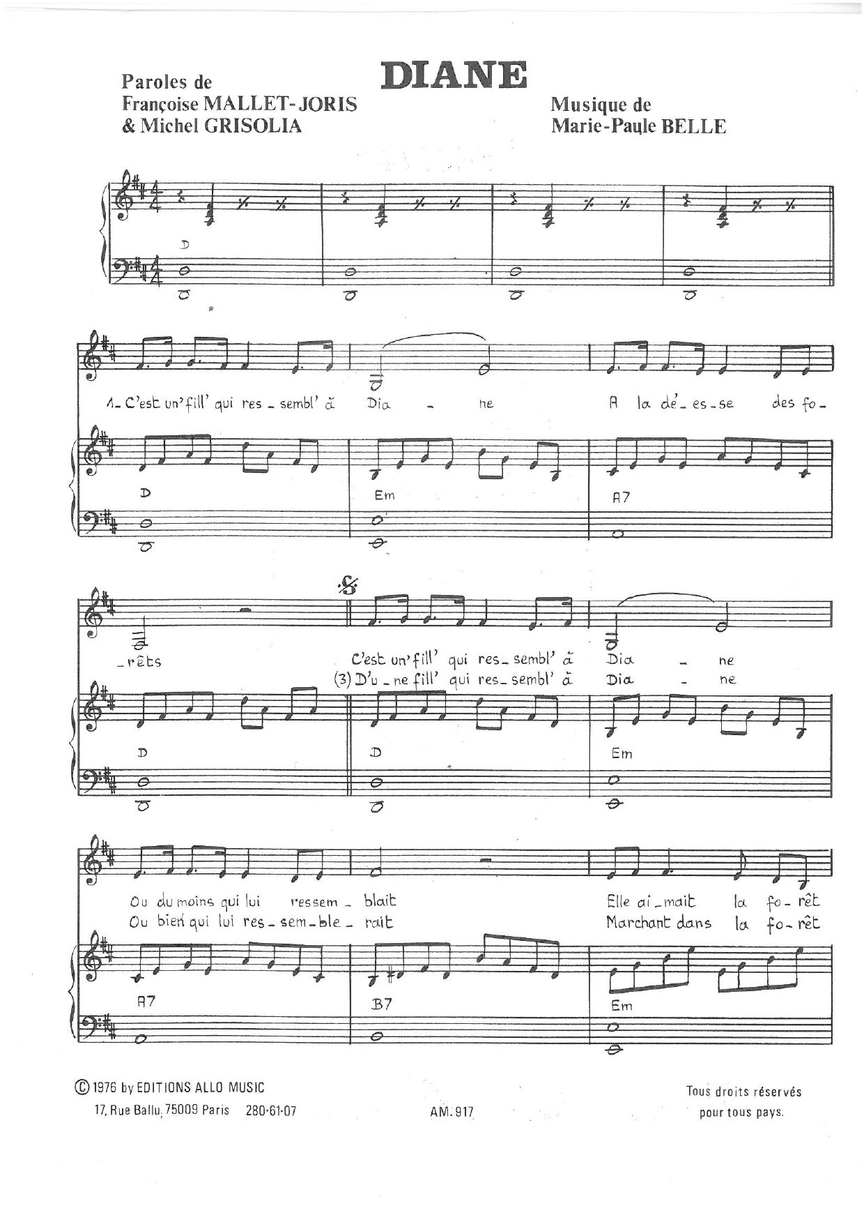 Michel Grisolia, Françoise Mallet-Joris and Marie Paule Belle Diane Sheet Music Notes & Chords for Piano & Vocal - Download or Print PDF