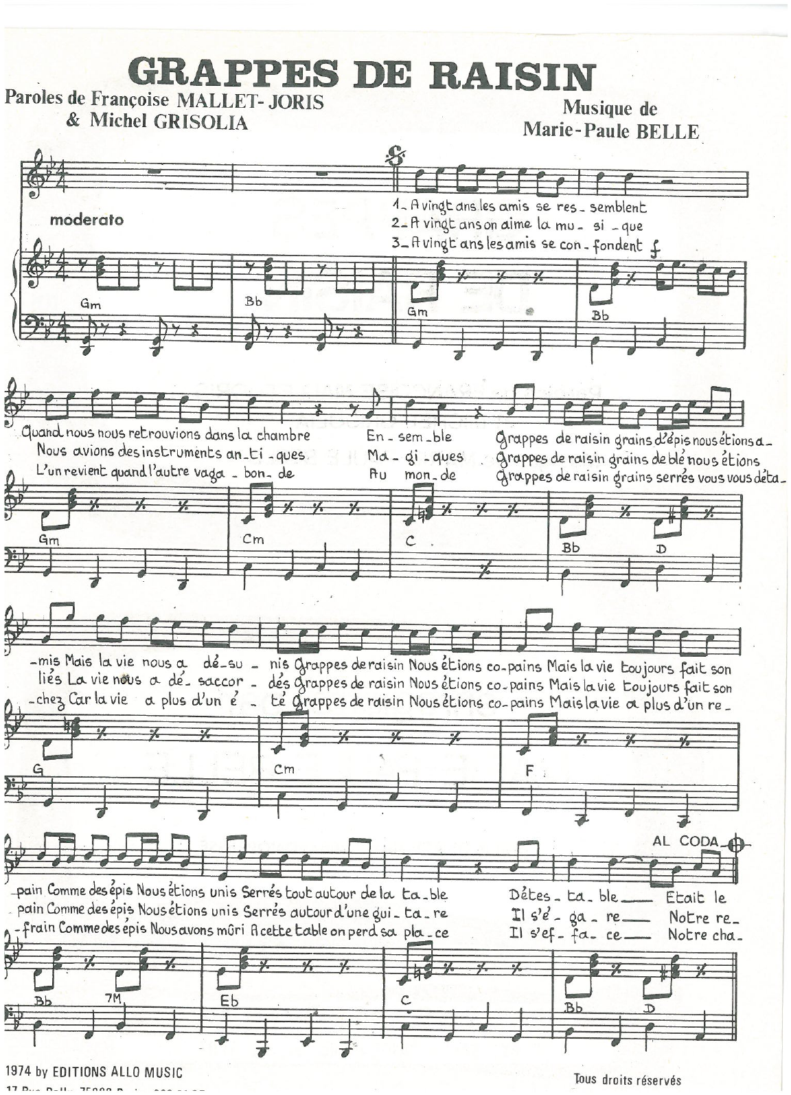 Michel Grisolia, Françoise Mallet-Joris and Marie Paule Belle Grappes De Raisin Sheet Music Notes & Chords for Piano & Vocal - Download or Print PDF