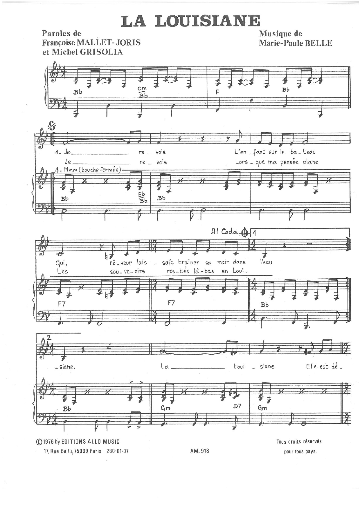 Michel Grisolia, Françoise Mallet-Joris and Marie Paule Belle La Louisiane Sheet Music Notes & Chords for Piano & Vocal - Download or Print PDF