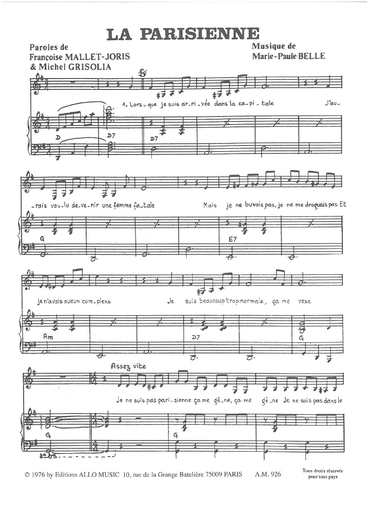 Michel Grisolia, Françoise Mallet-Joris and Marie Paule Belle La Parisienne Sheet Music Notes & Chords for Piano & Vocal - Download or Print PDF