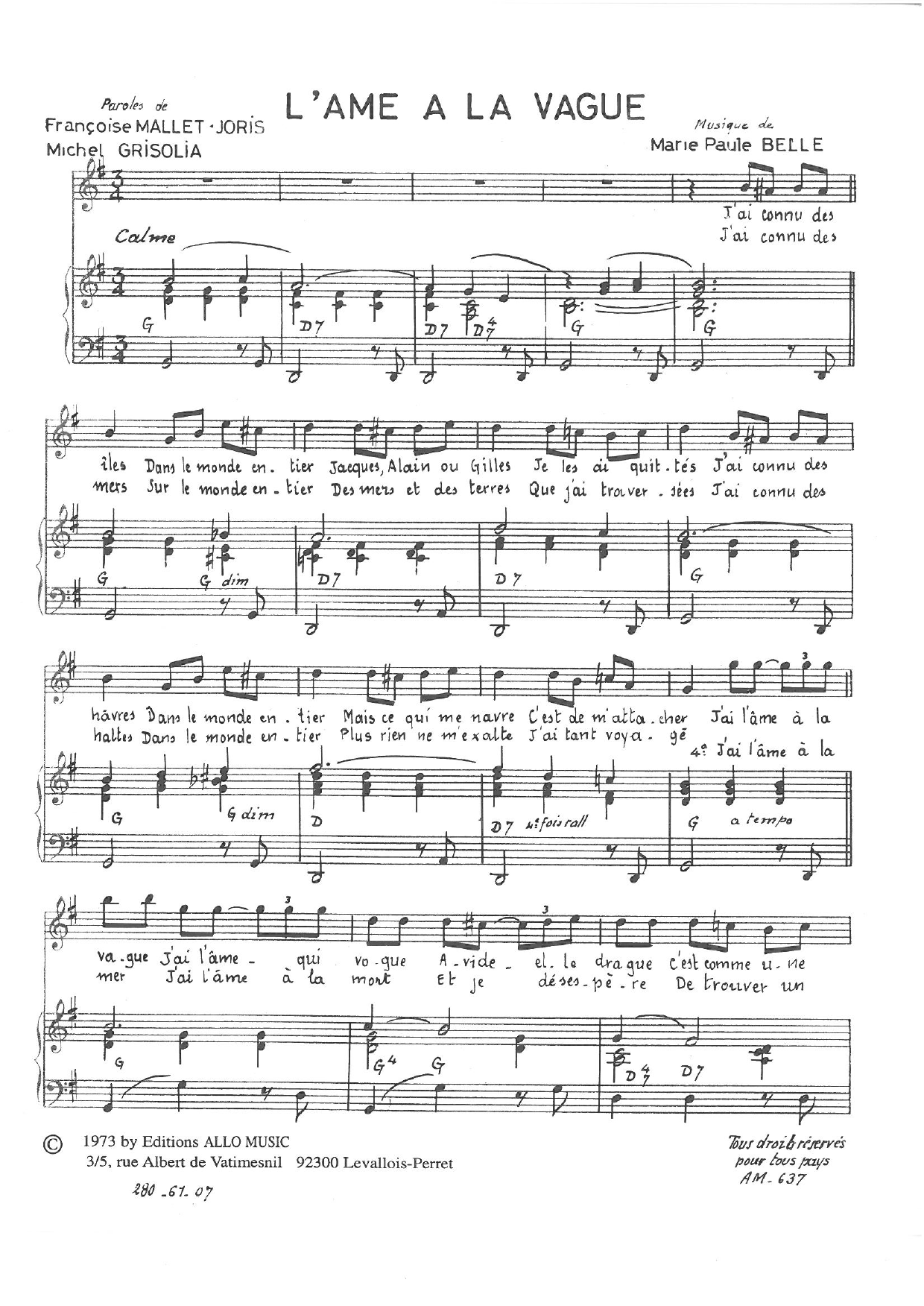 Michel Grisolia, Françoise Mallet-Joris and Marie Paule Belle L'ame A La Vague Sheet Music Notes & Chords for Piano & Vocal - Download or Print PDF