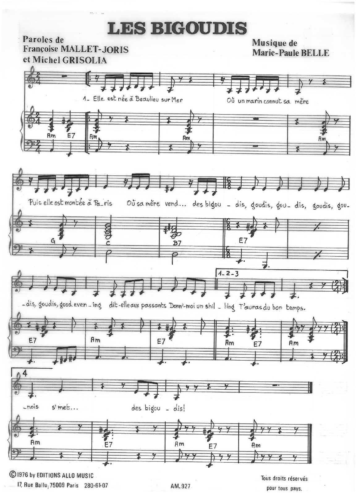 Michel Grisolia, Françoise Mallet-Joris, Marie Paule Belle Les Bigoudis Sheet Music Notes & Chords for Piano & Vocal - Download or Print PDF