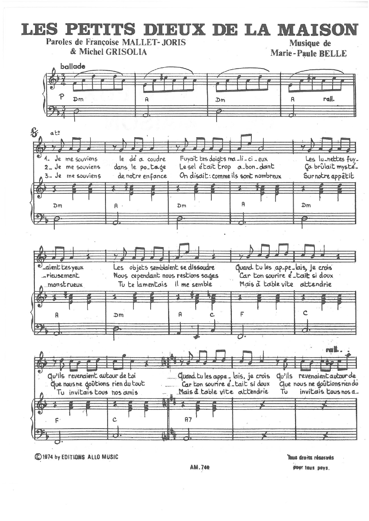 Michel Grisolia, Françoise Mallet-Joris, Marie Paule Belle Les Petits Dieux De La Maison Sheet Music Notes & Chords for Piano & Vocal - Download or Print PDF