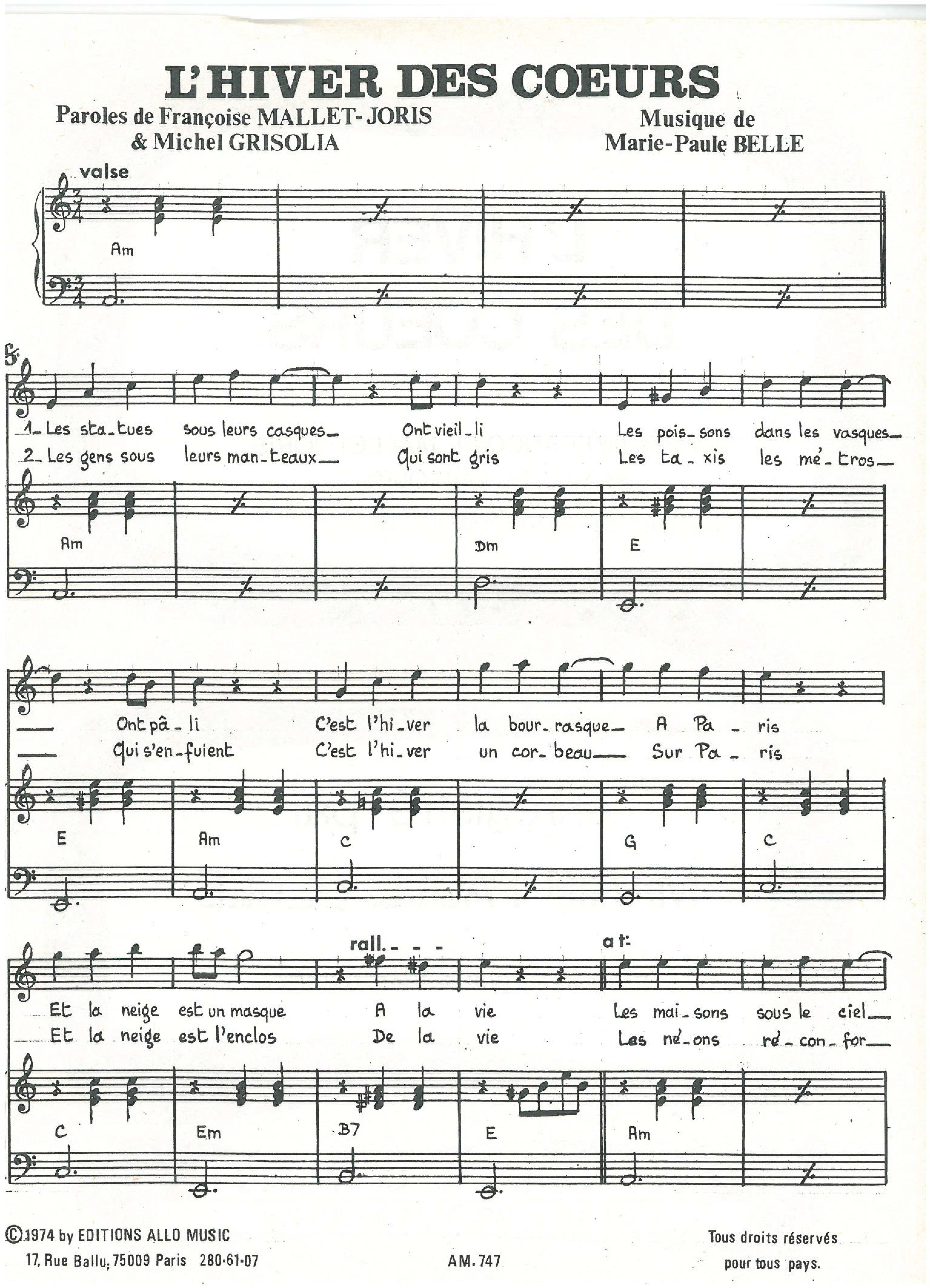 Michel Grisolia, Françoise Mallet-Joris, Marie Paule Belle L'hiver Des Coeurs Sheet Music Notes & Chords for Piano & Vocal - Download or Print PDF