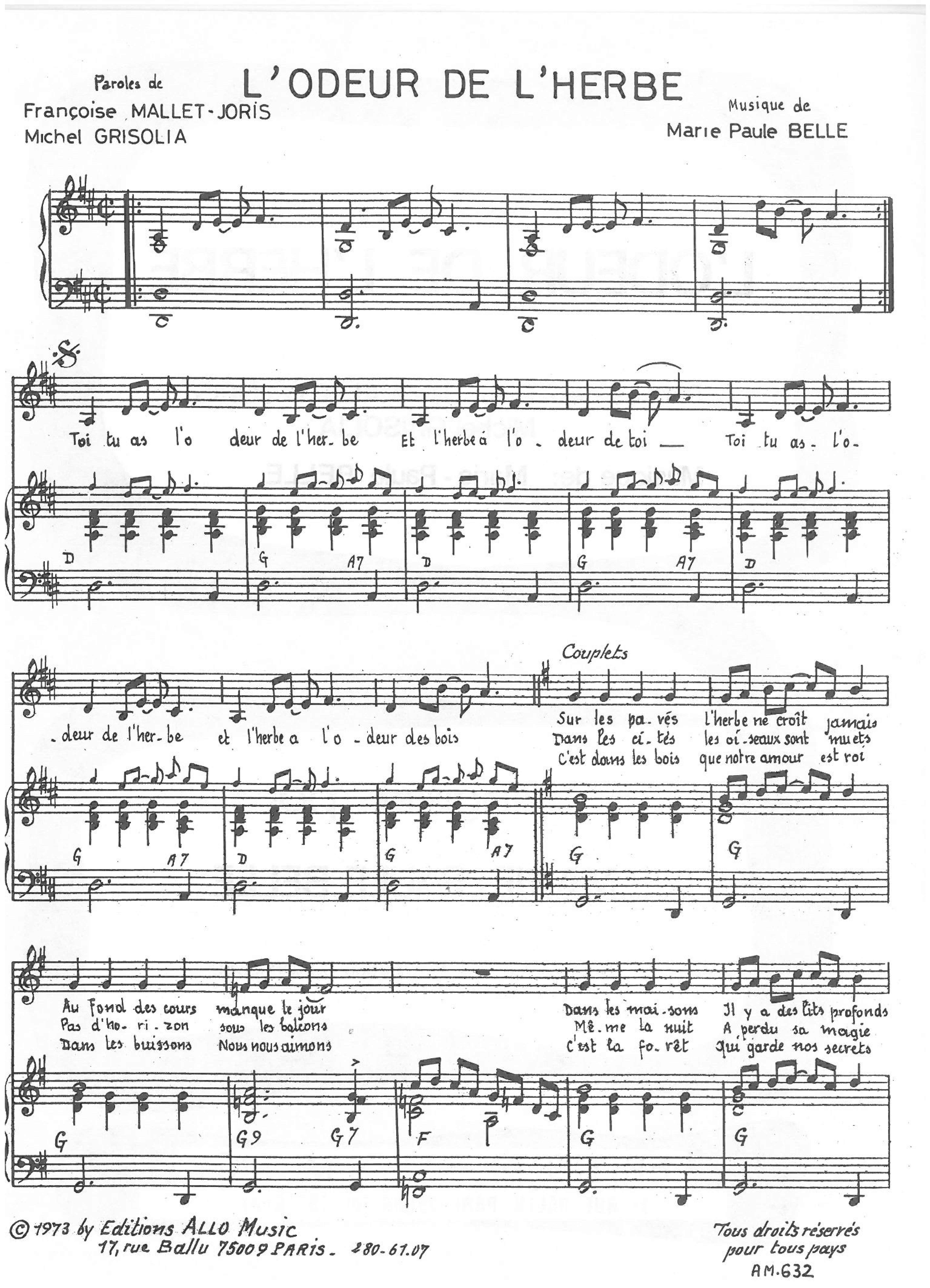Michel Grisolia, Françoise Mallet-Joris, Marie Paule Belle L'Odeur De L'herbe Sheet Music Notes & Chords for Piano & Vocal - Download or Print PDF