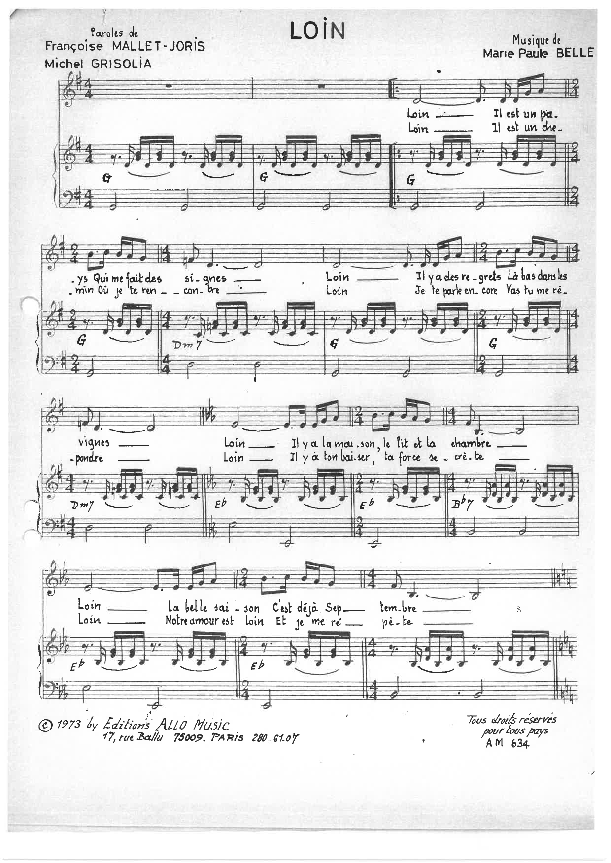 Michel Grisolia, Françoise Mallet-Joris, Marie Paule Belle Loin Sheet Music Notes & Chords for Piano & Vocal - Download or Print PDF